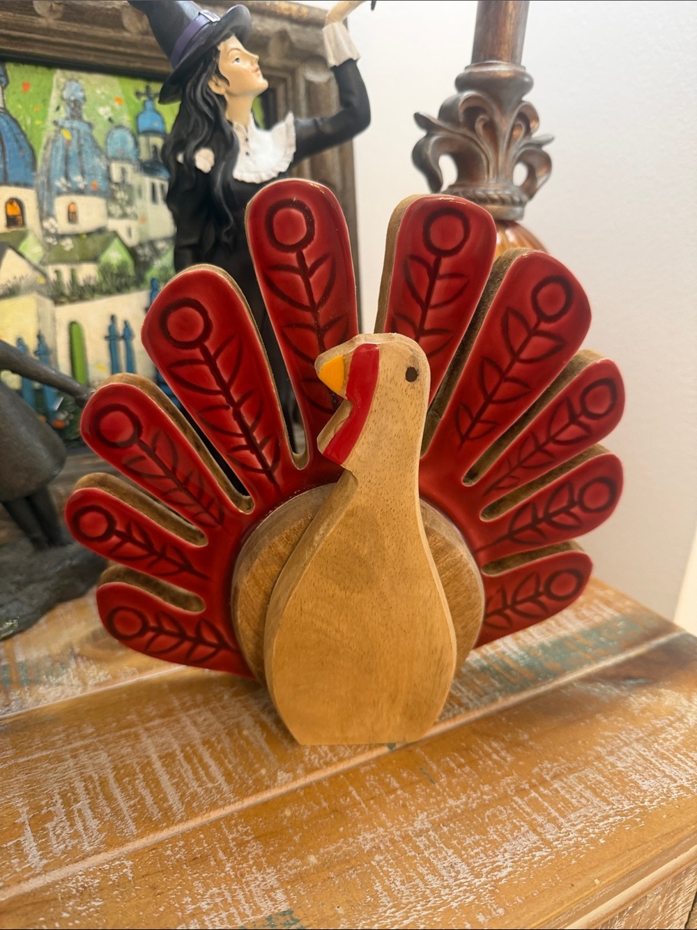 Thanksgiving Wooden Turkey with Red Feathers Holiday Decor